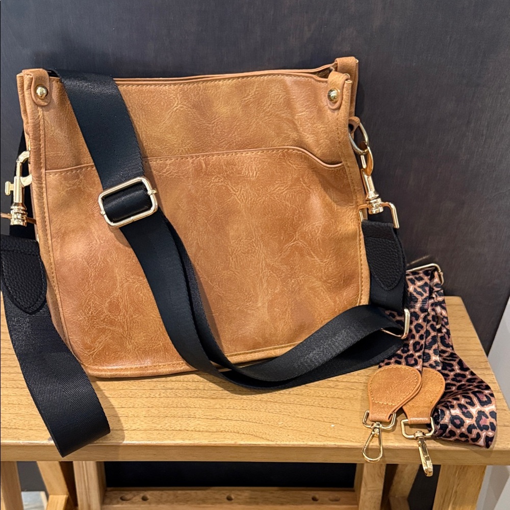 Tan Crossbody Bag with Black Strap